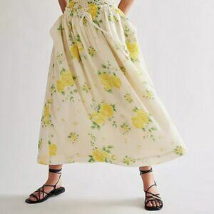 NWOT Free People S Seaside Rose Cotton Yellow Floral Romantic Coastal Midi Skirt